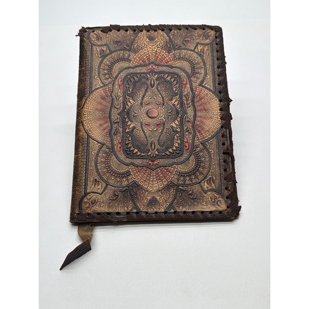 Vintage Italy Florentine Embossed Leather Book Cover Brown Gold Medallion